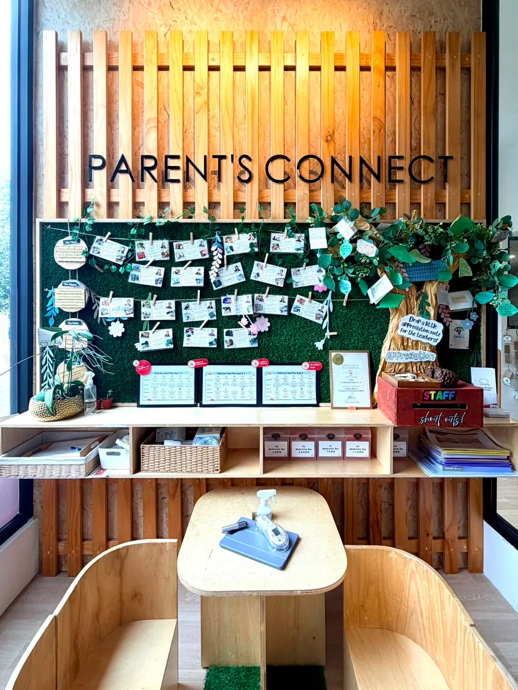The Parent's Connect board with weekly meal plans, appreciation notes and daily updates for families